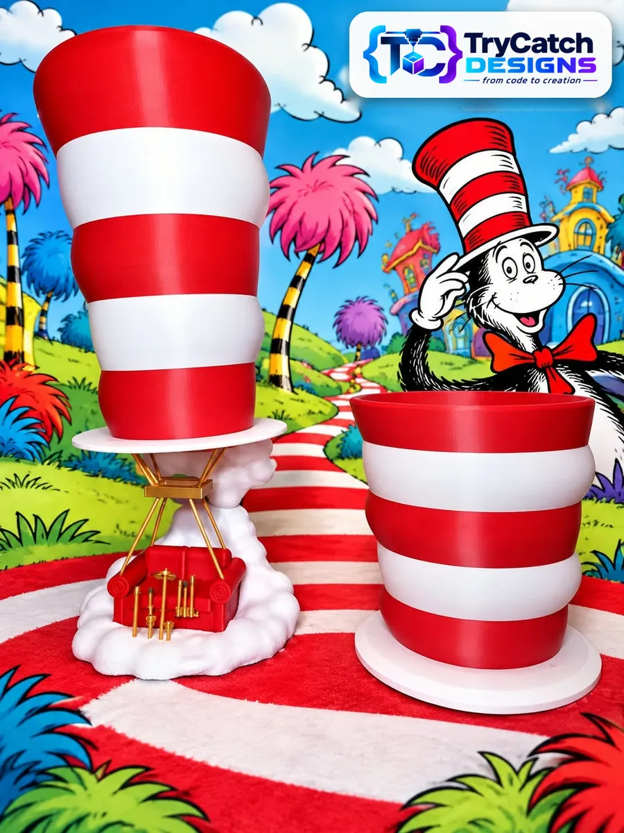 Hot air balloon shown next to a matching striped hat