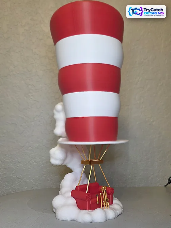 Finished striped hat hot air balloon with couch and cloud base
