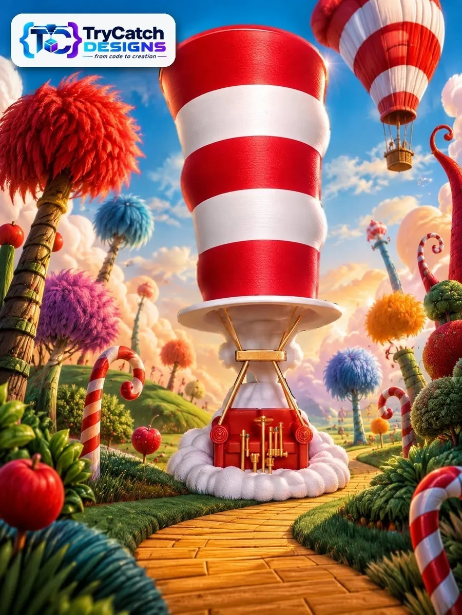 Hot air balloon in an illustrated whimsical landscape