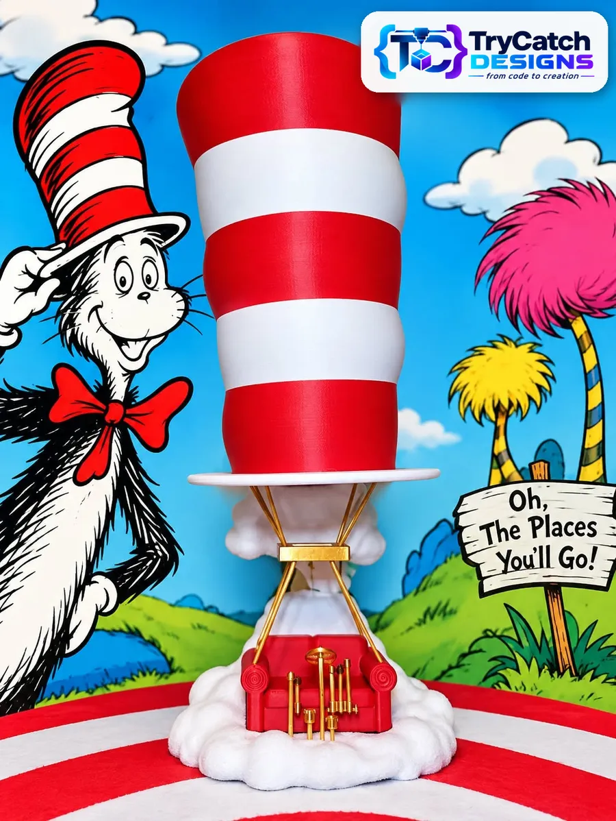 Striped hat hot air balloon with red sofa basket on a cloud base, front view