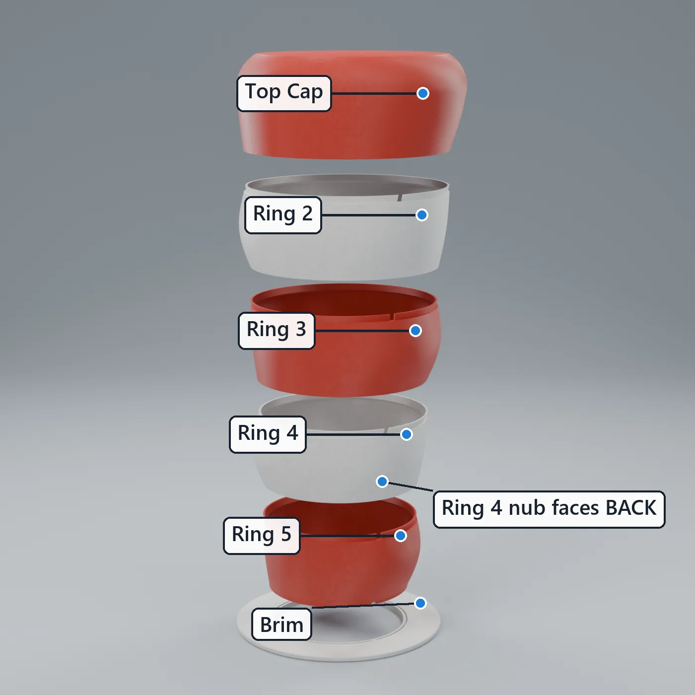 Stacking order; Ring 4 nub faces BACK