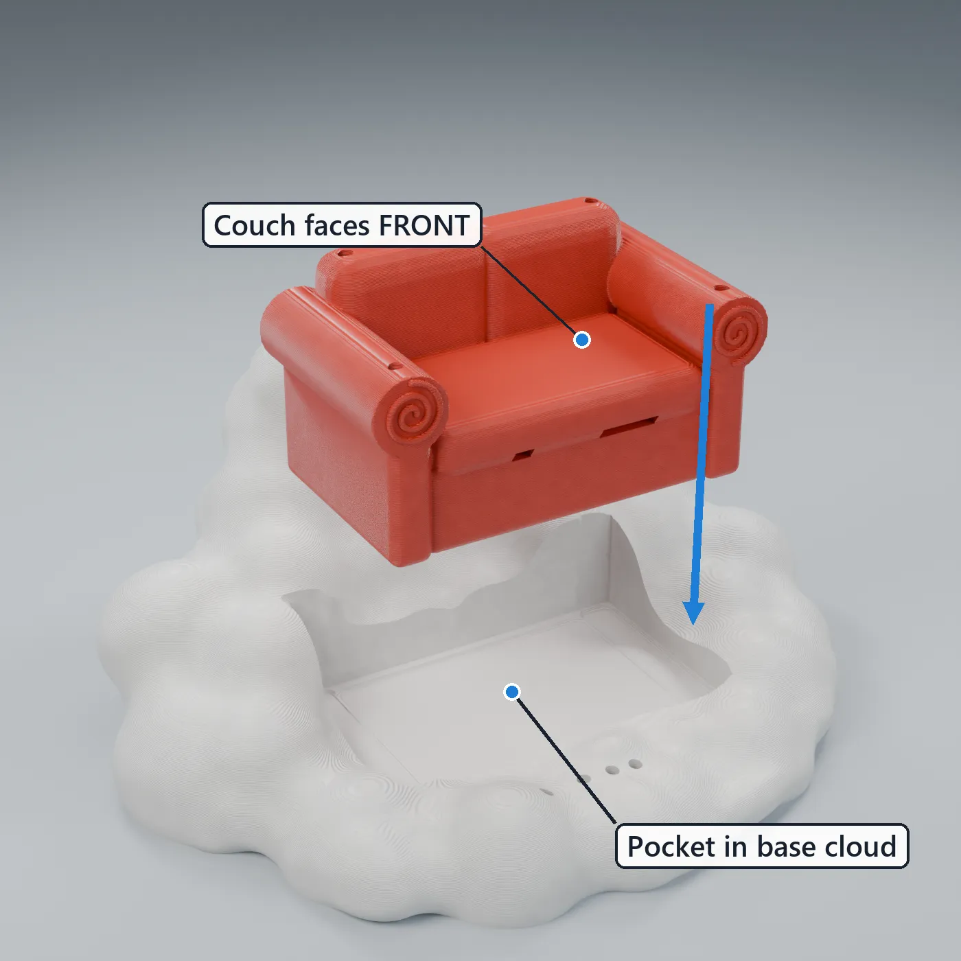 Couch set into the base cloud pocket