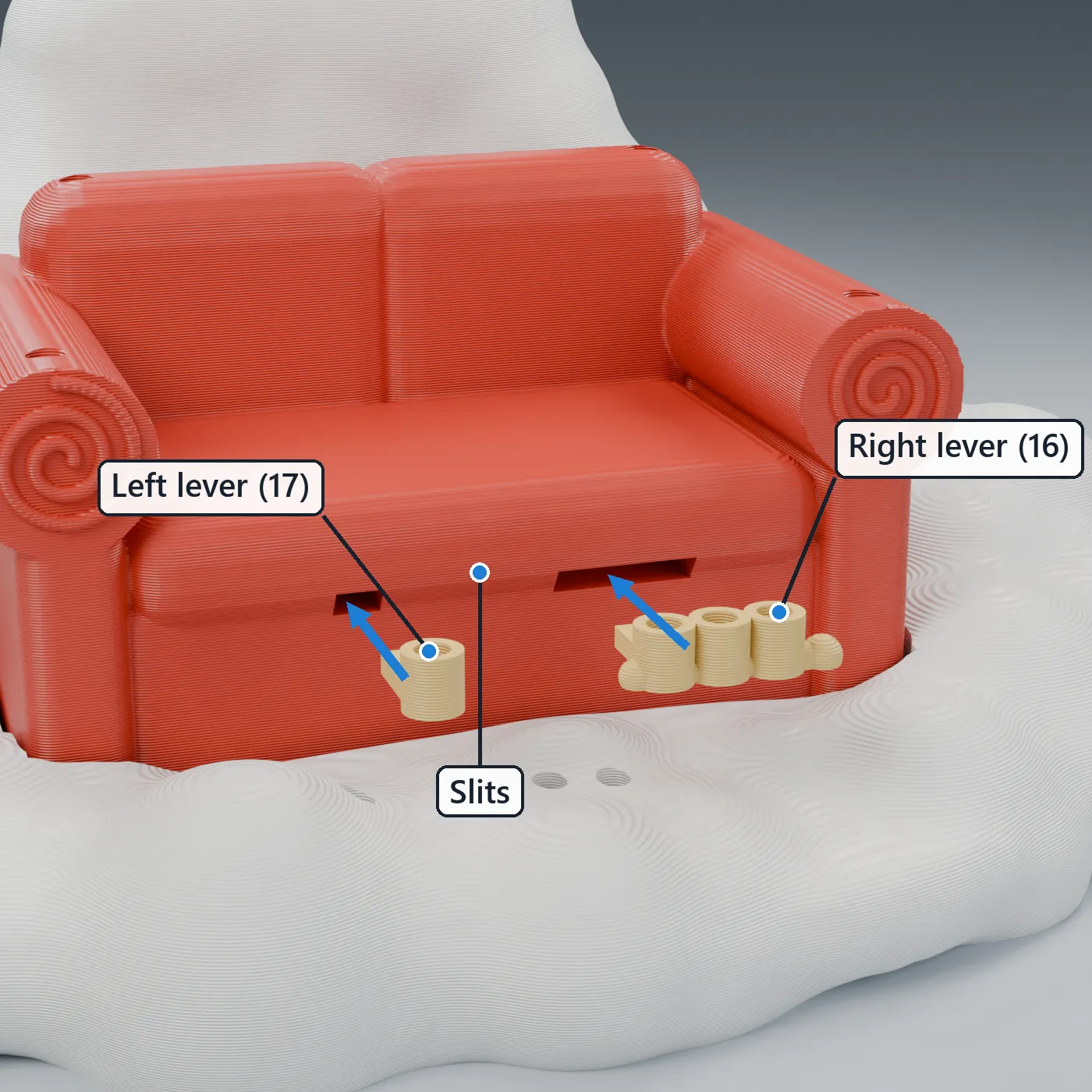 Levers sliding into the couch slits