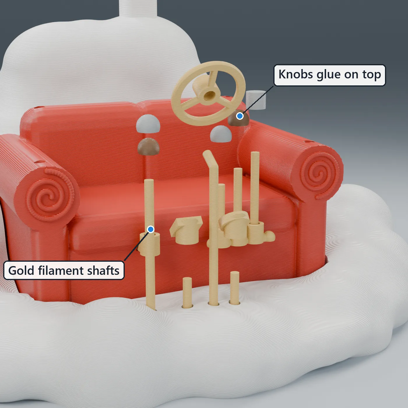 Shafts glue into the holes first, then the knobs, pedals and wheel glue on top