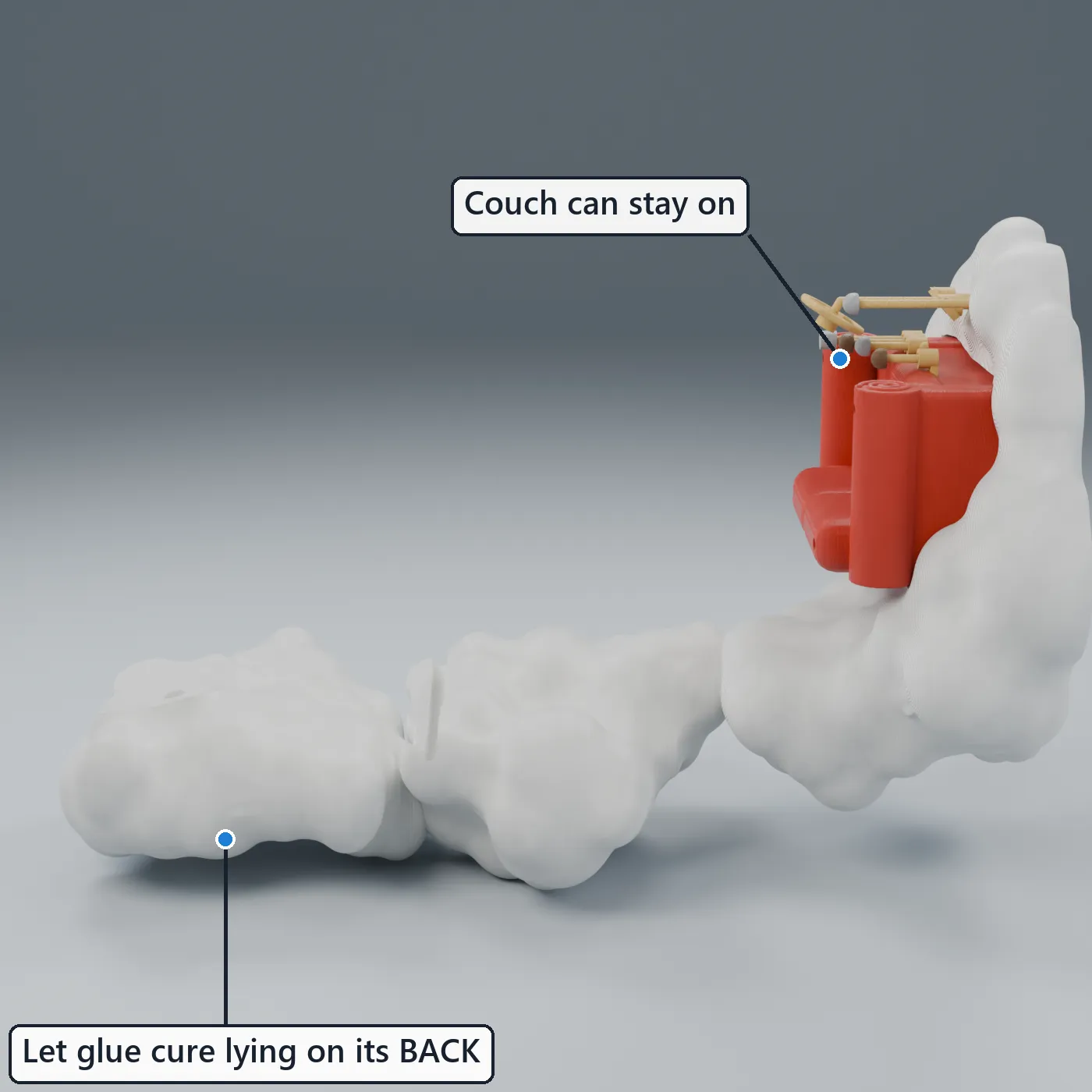 Lying on its back while the cloud joints cure
